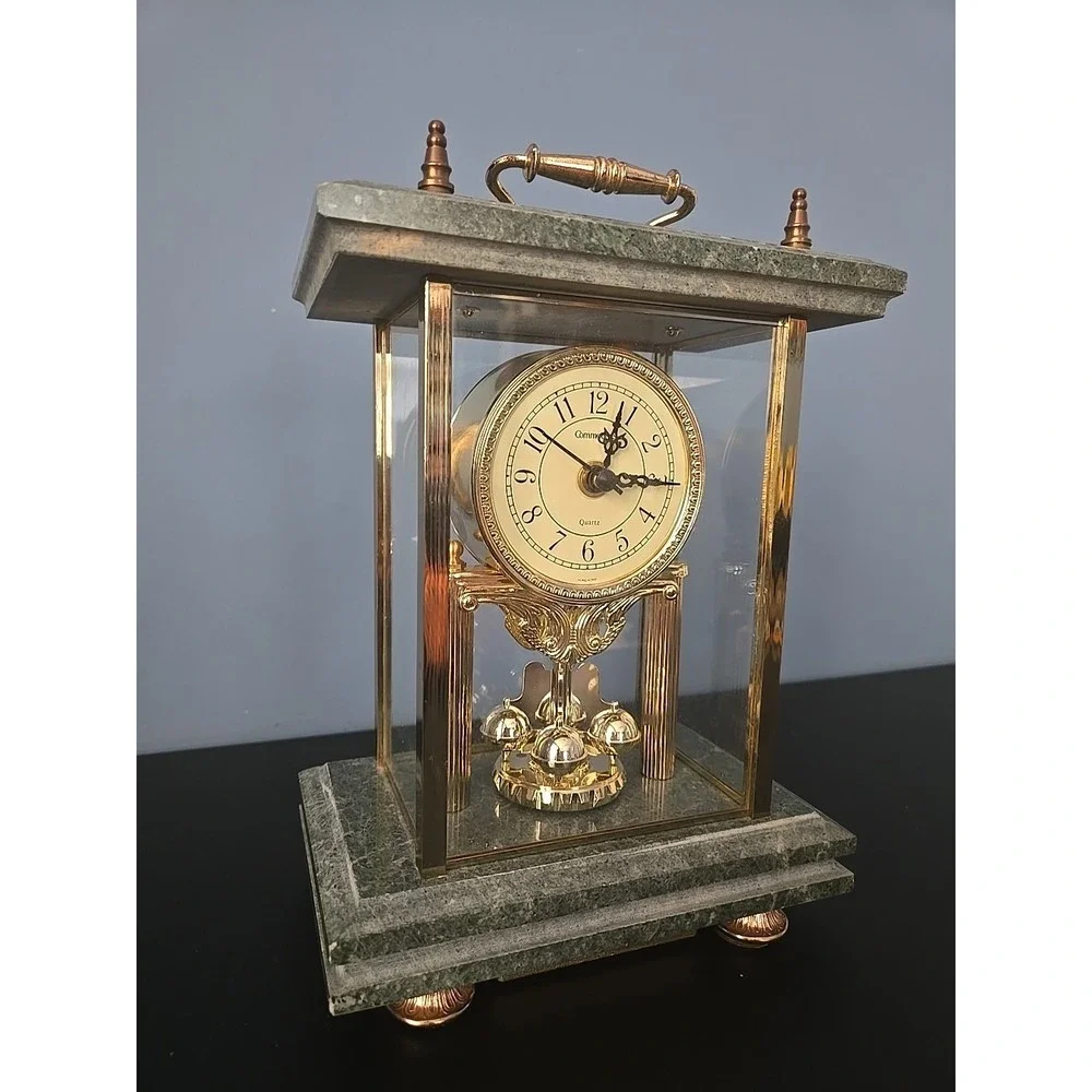 Vintage Commodore Quartz Mantel Clock Marble Brass Rotating Pendulum Not WORKING